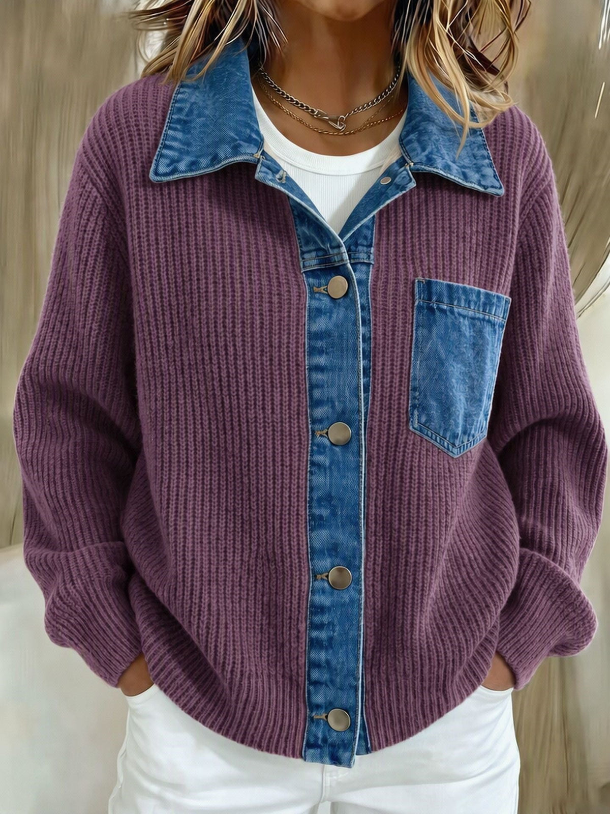 2026 European And American Cross-border Denim Patchwork Knit Cardigan For Women, Loose And Casual Style, Color-block Long-sleeve Sweater Jacket