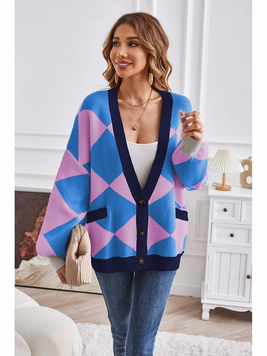 Women Geometric Lantern Sleeve Cardigan with Pockets