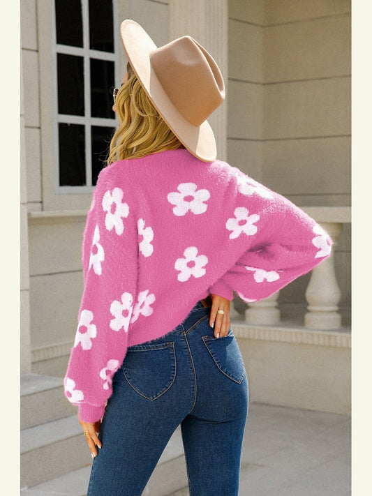 Women Floral Open Front Fuzzy Cardigan Sweater