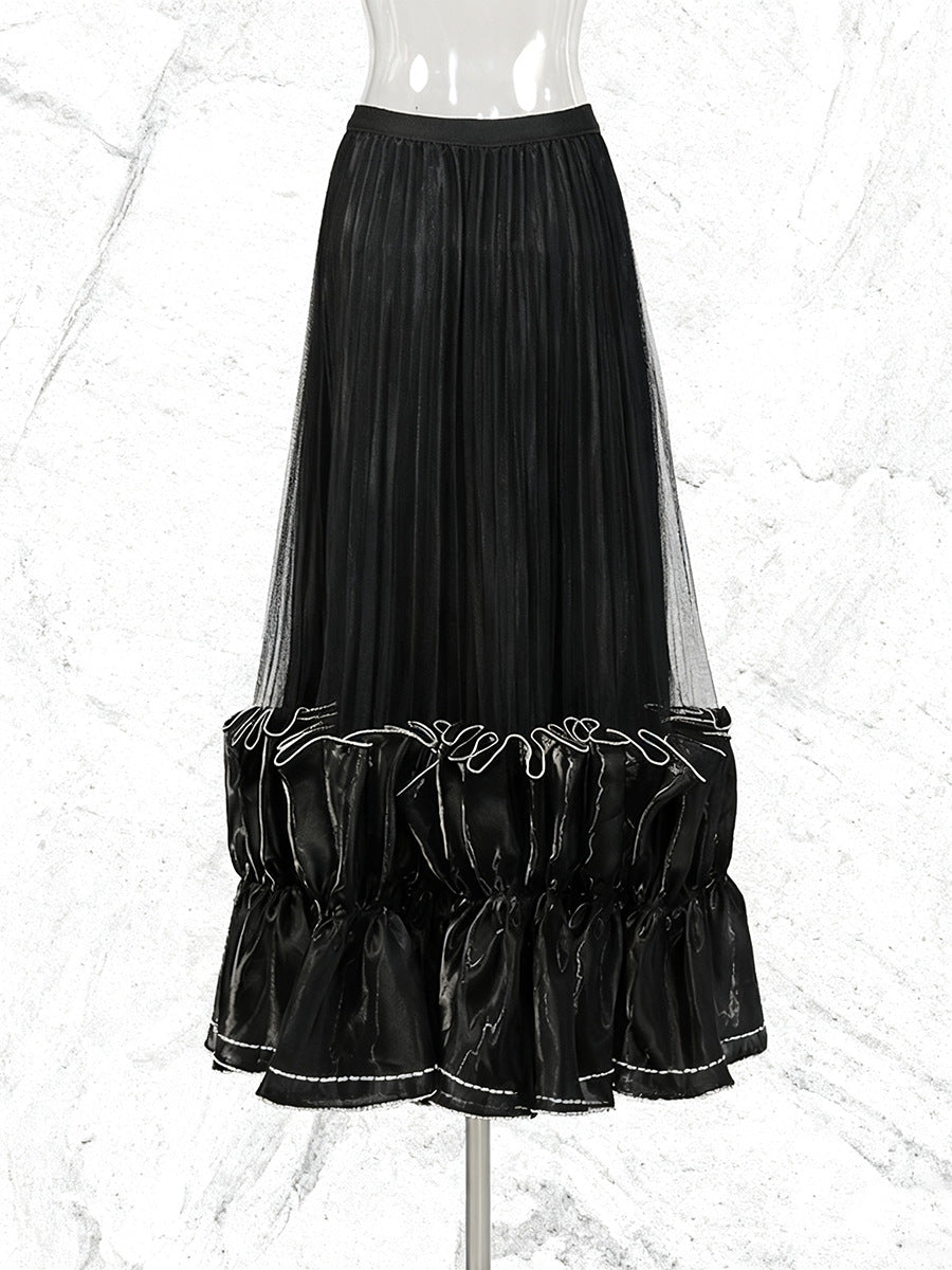 High Waist Pleated Ruffle Hem Midi Skirt