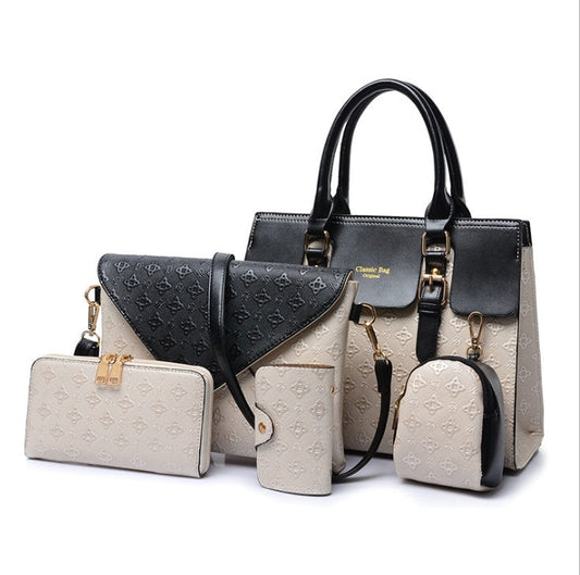 Luxury PU Leather Handbag Set for Women - Black Multi-Functional Crossbody Bags with Zip Pockets (Black/Gold/Blue/White Accents)