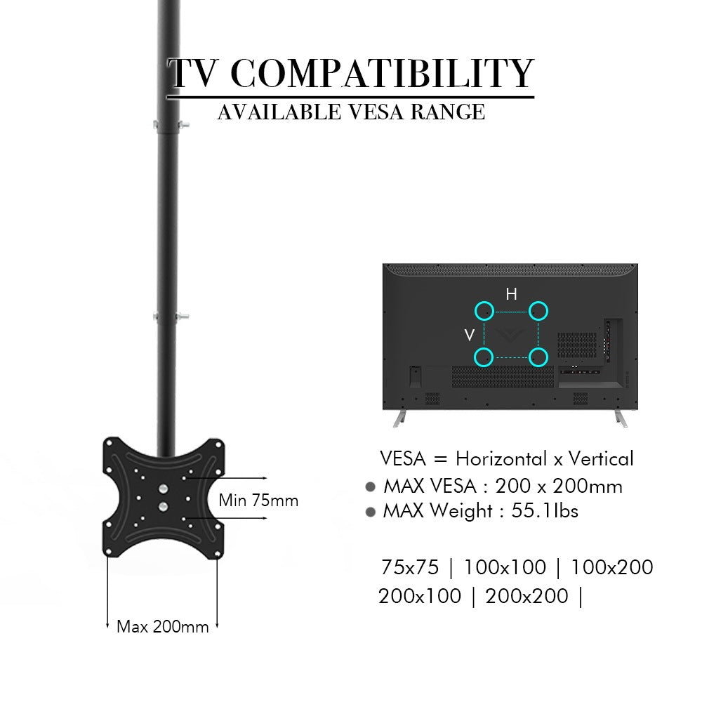 TV Ceiling Bracket, Length Adjustable 360 Degree Rotation, Up And Down 5-15 Degrees, Load Capacity 25kg