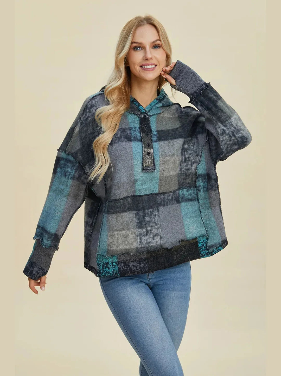 Double Take Full Size Plaid Dropped Shoulder Fleece Hoodie