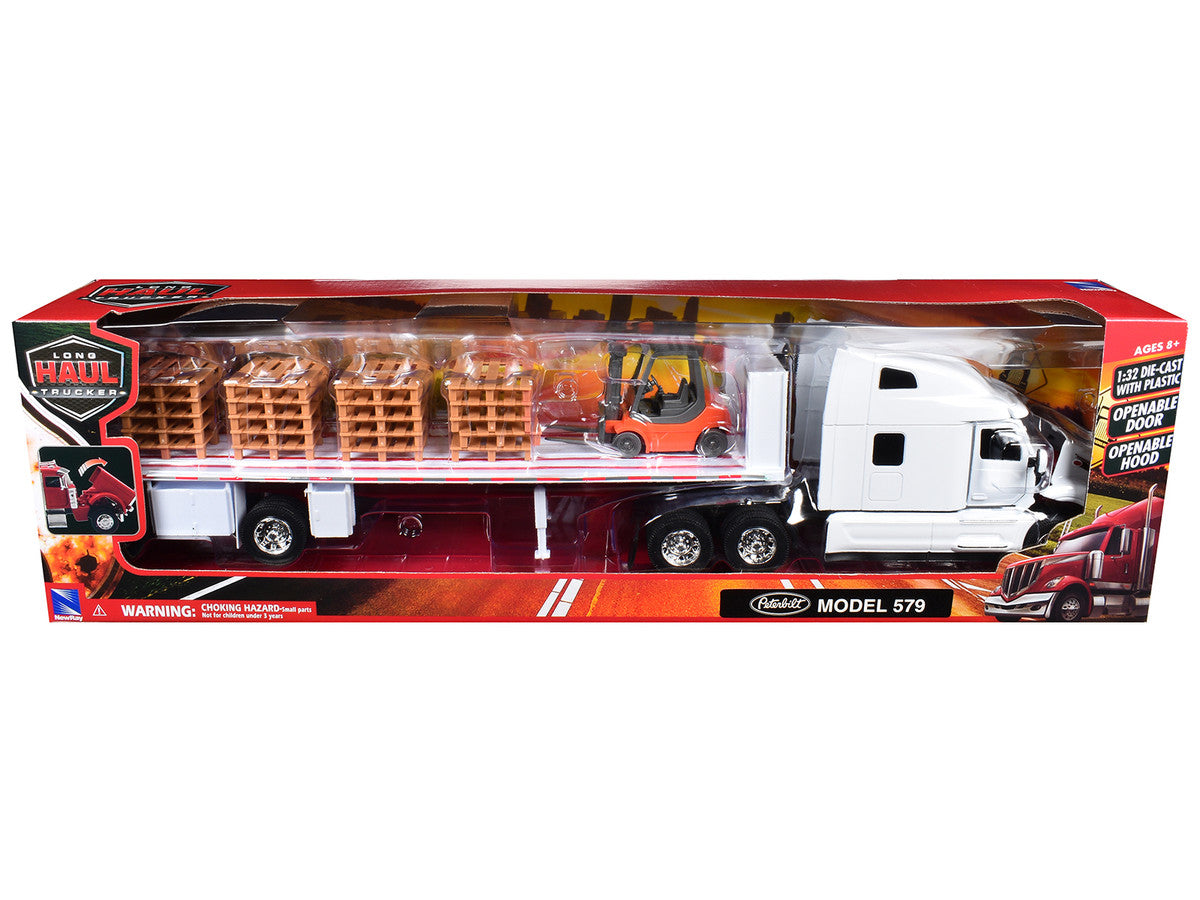 Peterbilt 579 Truck White with Flatbed Trailer White and Load of Forklift and Pallets "Long Haul Truckers" Series 1/32 Diecast Model by New Ray