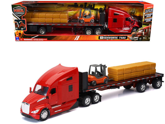 Kenworth T680 Truck Red and Flatbed Trailer with Forklift and Hay Load "Long Haul Trucker" Series 1/32 Diecast Model by New Ray