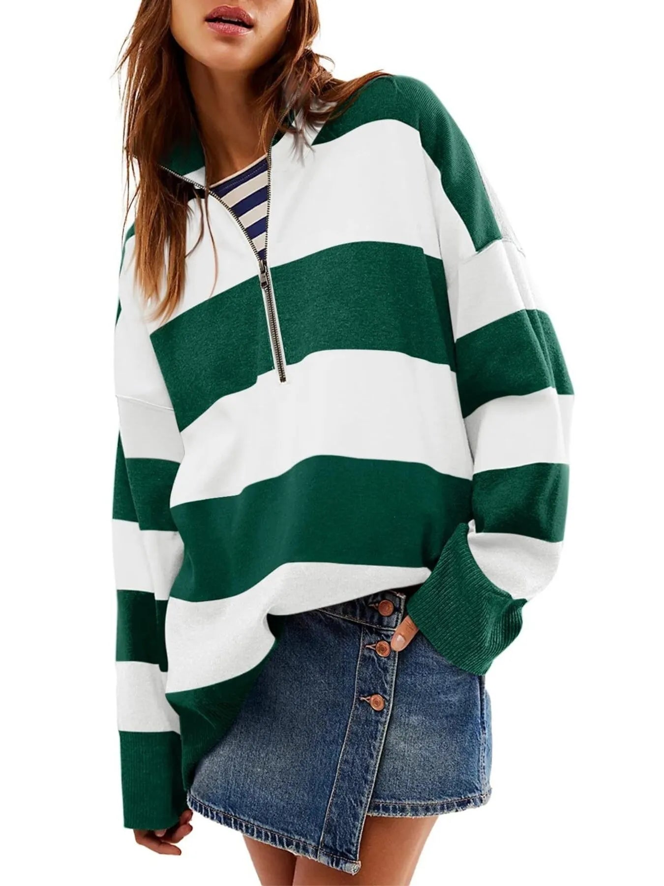 Striped Half-Zip Oversized Sweatshirt