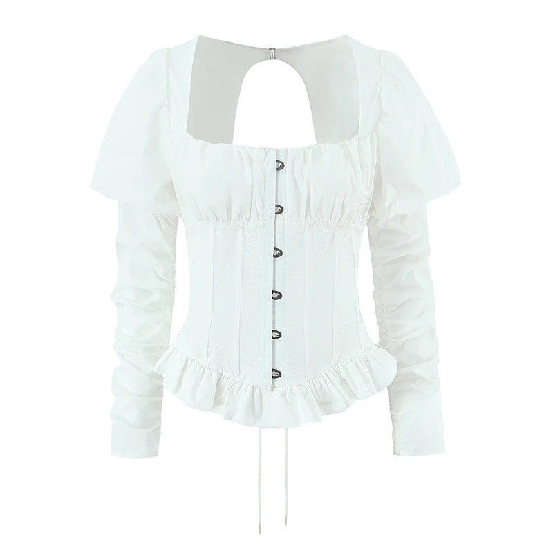 Square Neck Puff Sleeve Corset Peplum Top