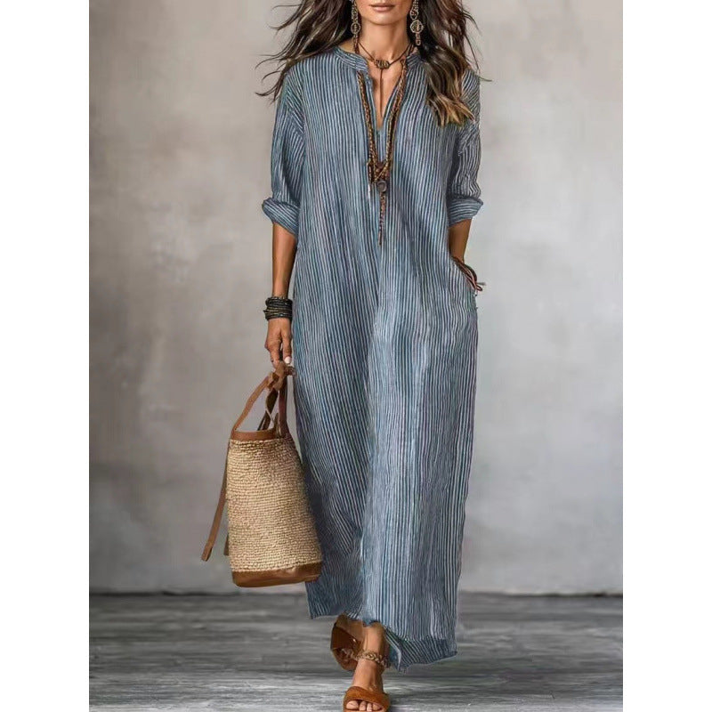 Fashionable V-neck Striped Loose-fit Dress