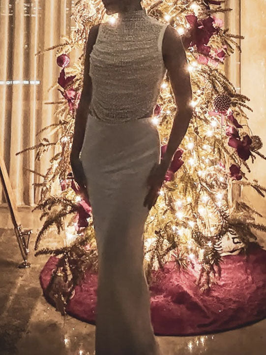 Elegant Sleeveless Tassel-trimmed Zippered Satin Fishtail Maxi Dress Set