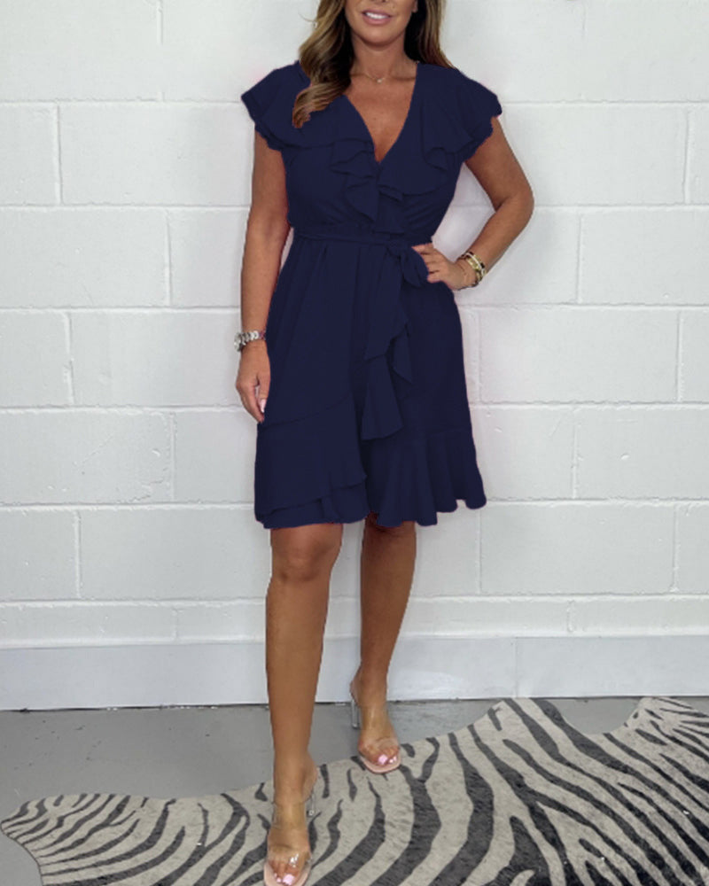 V-neck Waist-controlled Skirt Ruffled Solid Color Dress Women