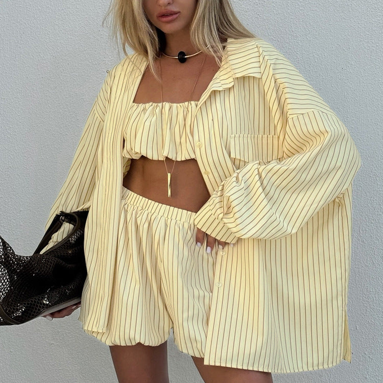 Women's Striped 3 Piece Outfit Set&Oversized Button Down Shirt&Crop Tube Top&Elastic Shorts&Yellow Casual Loungewear