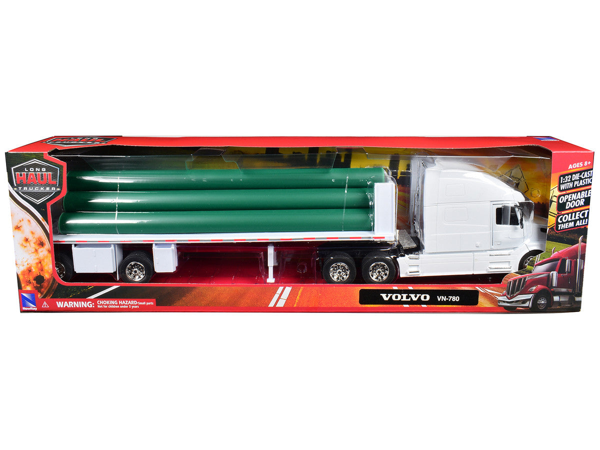 Volvo VN-780 Truck with Flatbed Trailer and Long Pipes White "Long Haul Truckers" Series 1/32 Diecast Model by New Ray