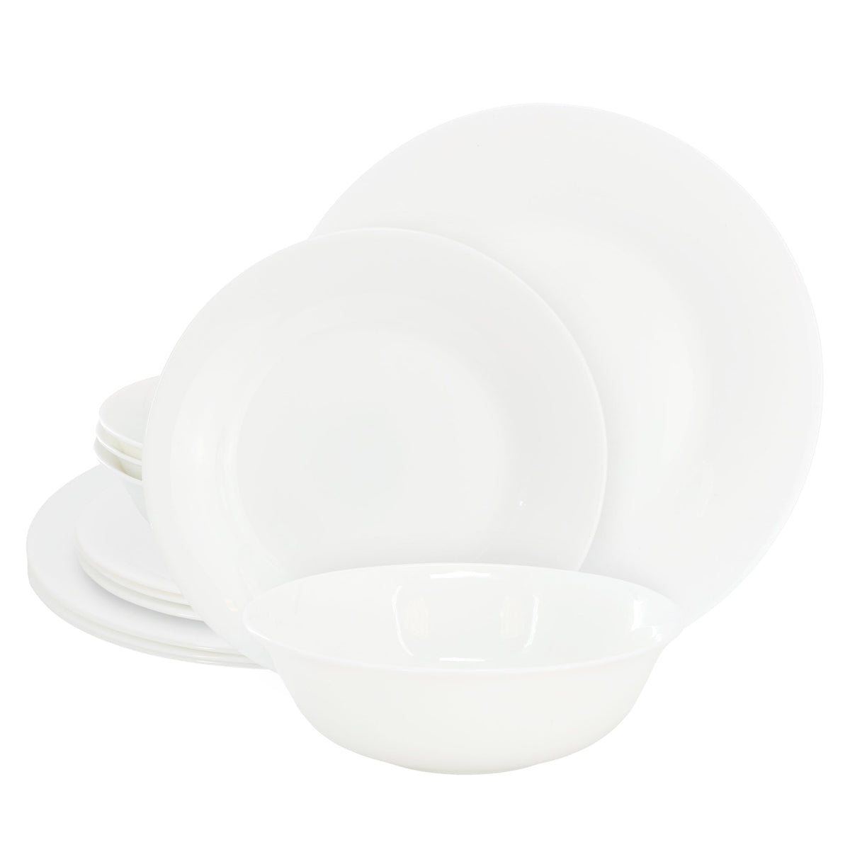 Gibson Ultra White Shadow 12 Piece Opal Glass Dinnerware Set in White