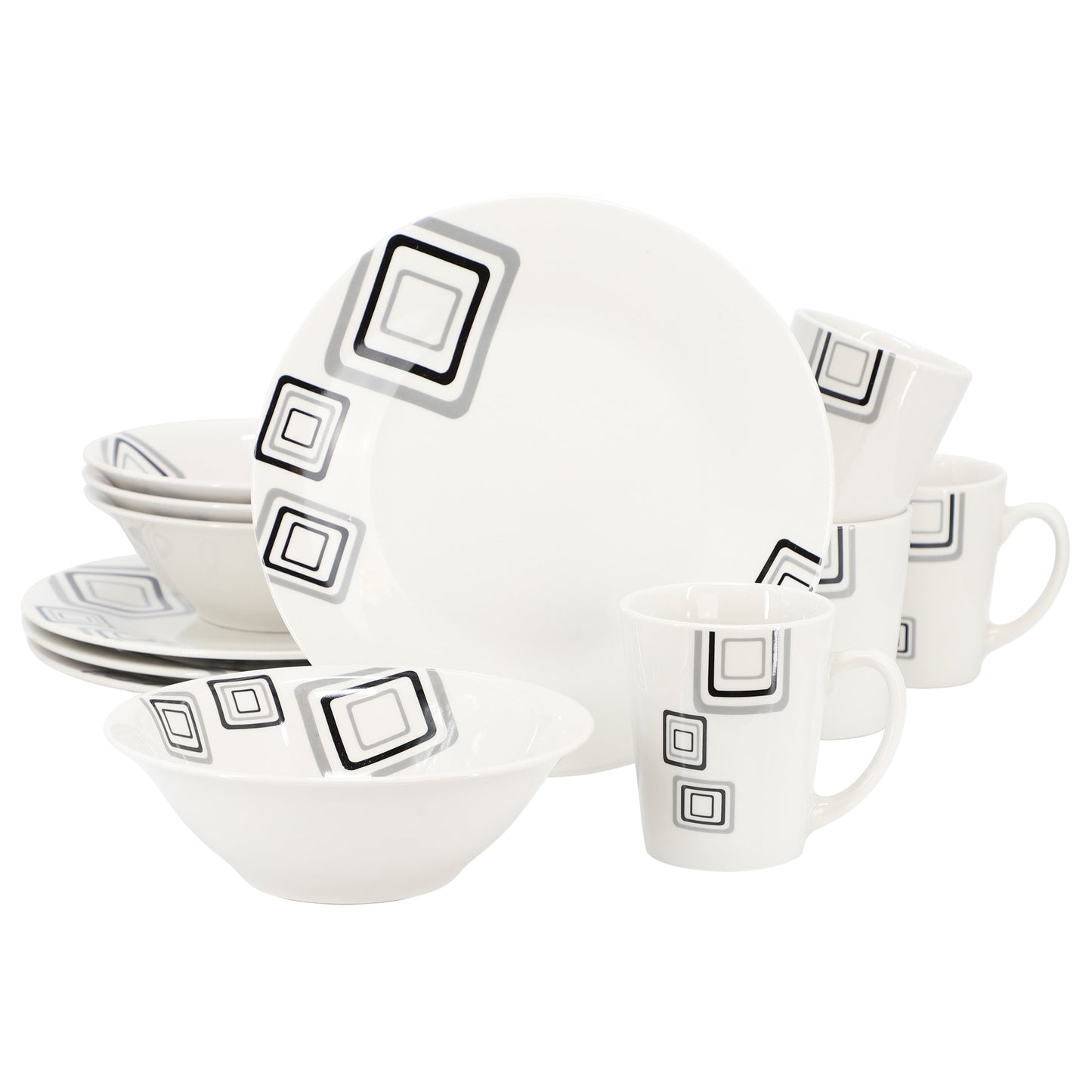 Gibson Home Black Squares 12 Piece Round Fine Ceramic Dinnerware Set in White