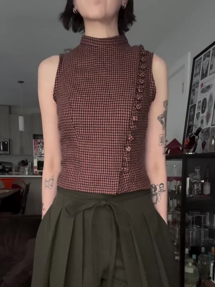 Red Black Gingham Turtleneck Sleeveless Side Ruffle Crop Top