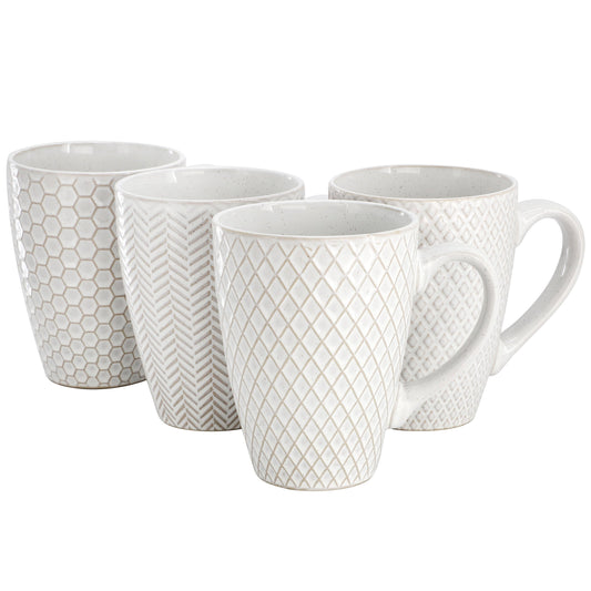 Gibson Elite Earlhart 4 Piece 16 Ounce Stoneware Assorted Pattern Mug Set in White