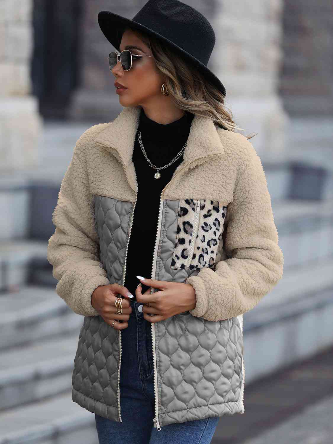 Women Leopard Color Block Zip-Up Jacket