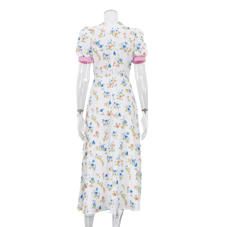 Contrast Lapel Puff Sleeve Floral Print Midi Dress
