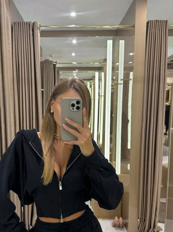 Solid Color Zip-up Cardigan Hooded Sweatshirt With Waist-cinching Design And Drawstring Pants Two-piece Set