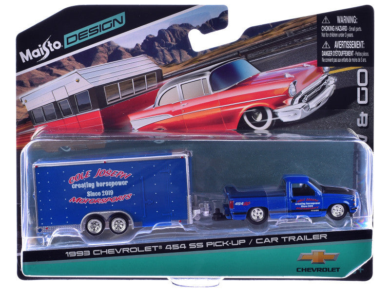 1993 Chevrolet 454 SS Pickup Truck Blue Metallic with Black Hood and Car Trailer Blue Metallic "Cole Joseph Motorsports" "Tow & Go" Series 1/64 Diecast Model Car by Maisto
