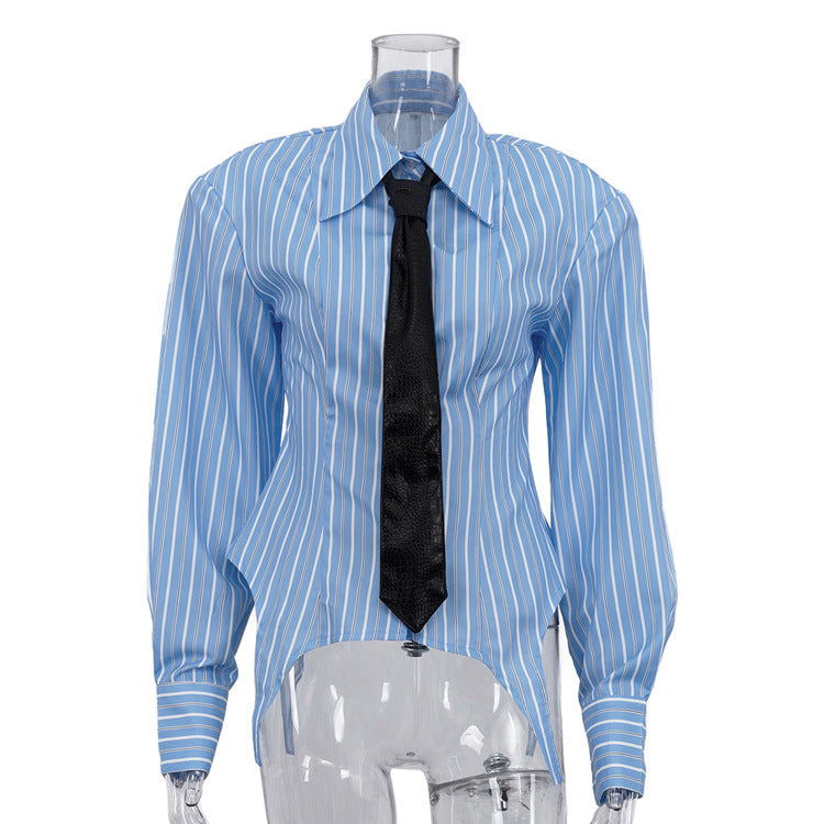 Commuter Long-sleeved Black Tie Shirt With Irregular Hem
