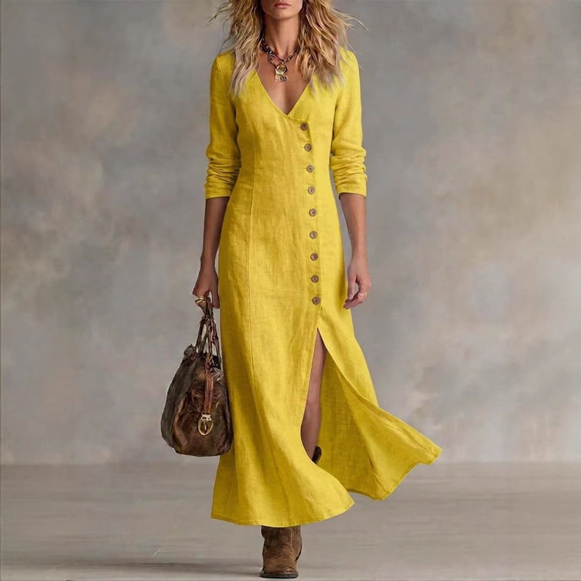 Fashionable Casual Cotton-Linen Long-Sleeve Womens Dress