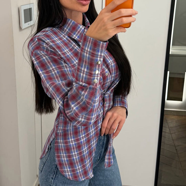 Retro Plaid Collared Long-sleeved Fitted Shirt