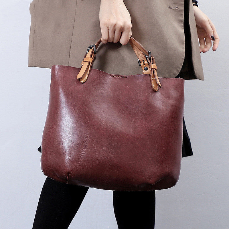 Vintage First-Layer Cowhide Mother & Child Handbag - Retro Dumpling-Style Leather Tote with Genuine Leather Lining (30x26x11cm)Vintage First-Layer Cowhide Mother & Child Handbag - Retro Dumpling-Style Leather Tote with Genuine Leather Lining (30x26x11cm)