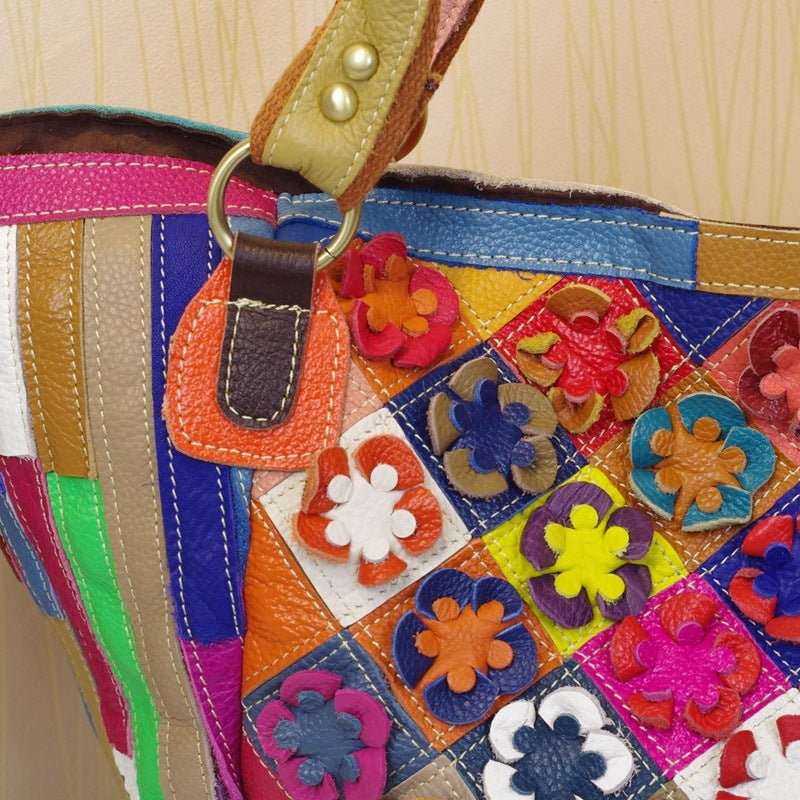 Vibrant Floral Leather Shoulder Bag – Bold Contrast &amp; Street Fashion