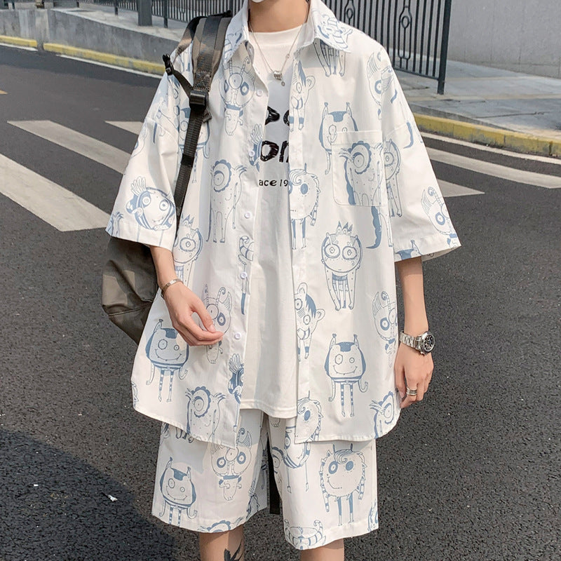 Summer New Men'S Suit Shorts Short-Sleeved Shirt Casual Loose Large Size Trend Tide Brand Hong Kong Style Suit Men