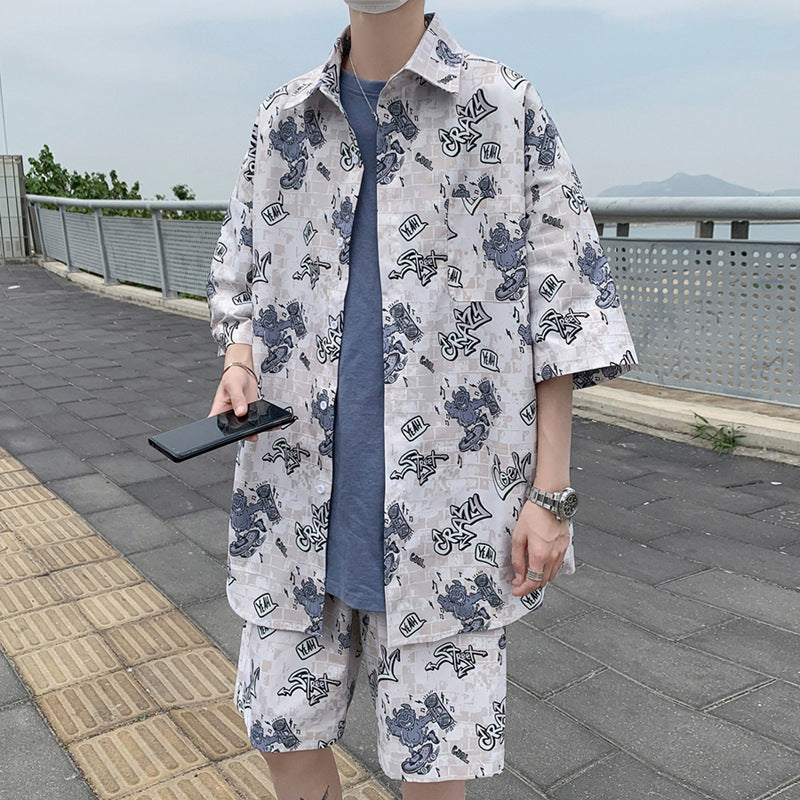 Summer New Men'S Suit Shorts Short-Sleeved Shirt Casual Loose Large Size Trend Tide Brand Hong Kong Style Suit Men