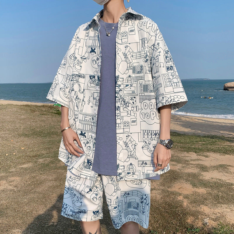 Summer New Men'S Suit Shorts Short-Sleeved Shirt Casual Loose Large Size Trend Tide Brand Hong Kong Style Suit Men