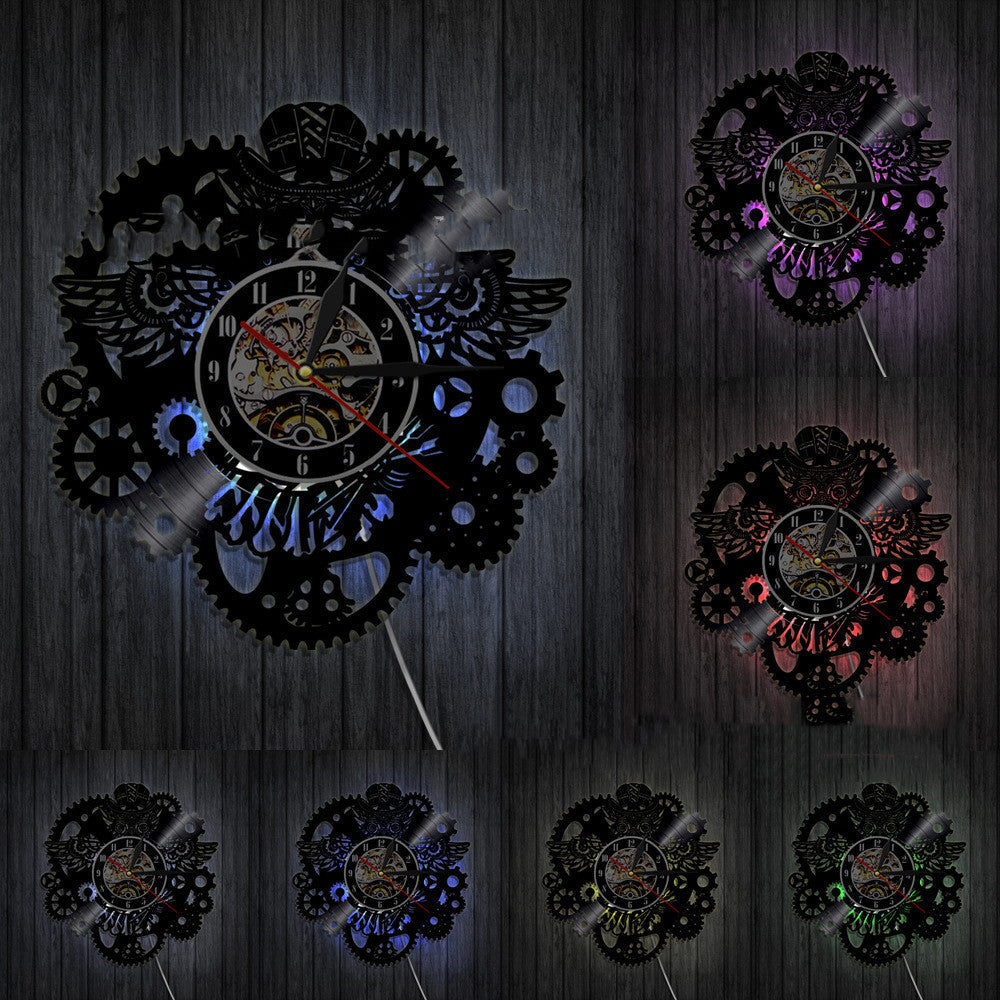 Vinyl Record Wall Clock LED Light Steampunk Owl Creative Retro Nostalgic Wall Clock Wall Clock