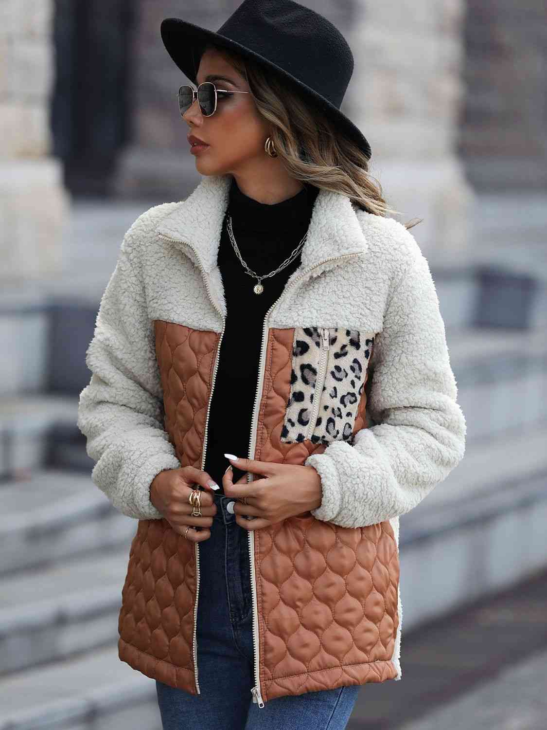 Women Leopard Color Block Zip-Up Jacket