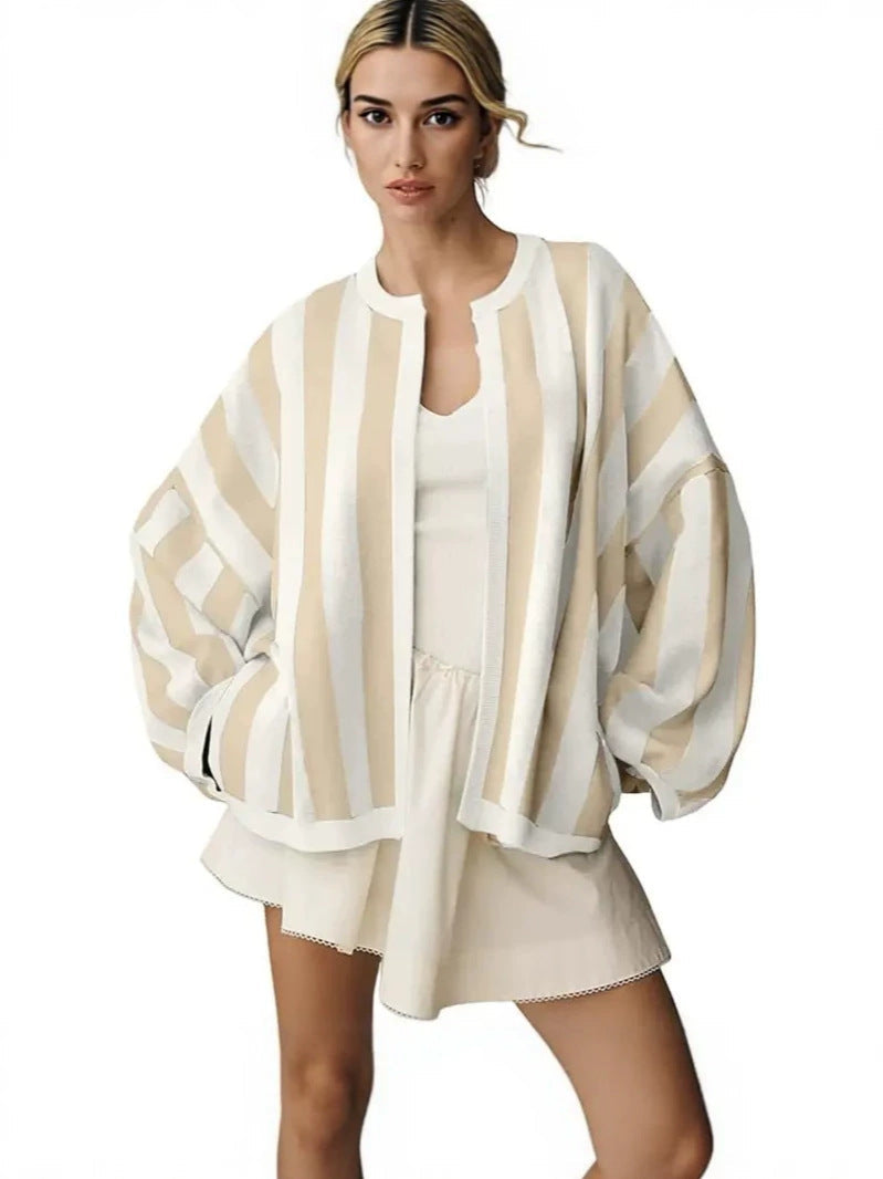 2026 Color Block Striped Plus Size Loose Lantern Sleeve Autumn Winter Thin Sun Protective Cardigan 2026 Autumn New Product