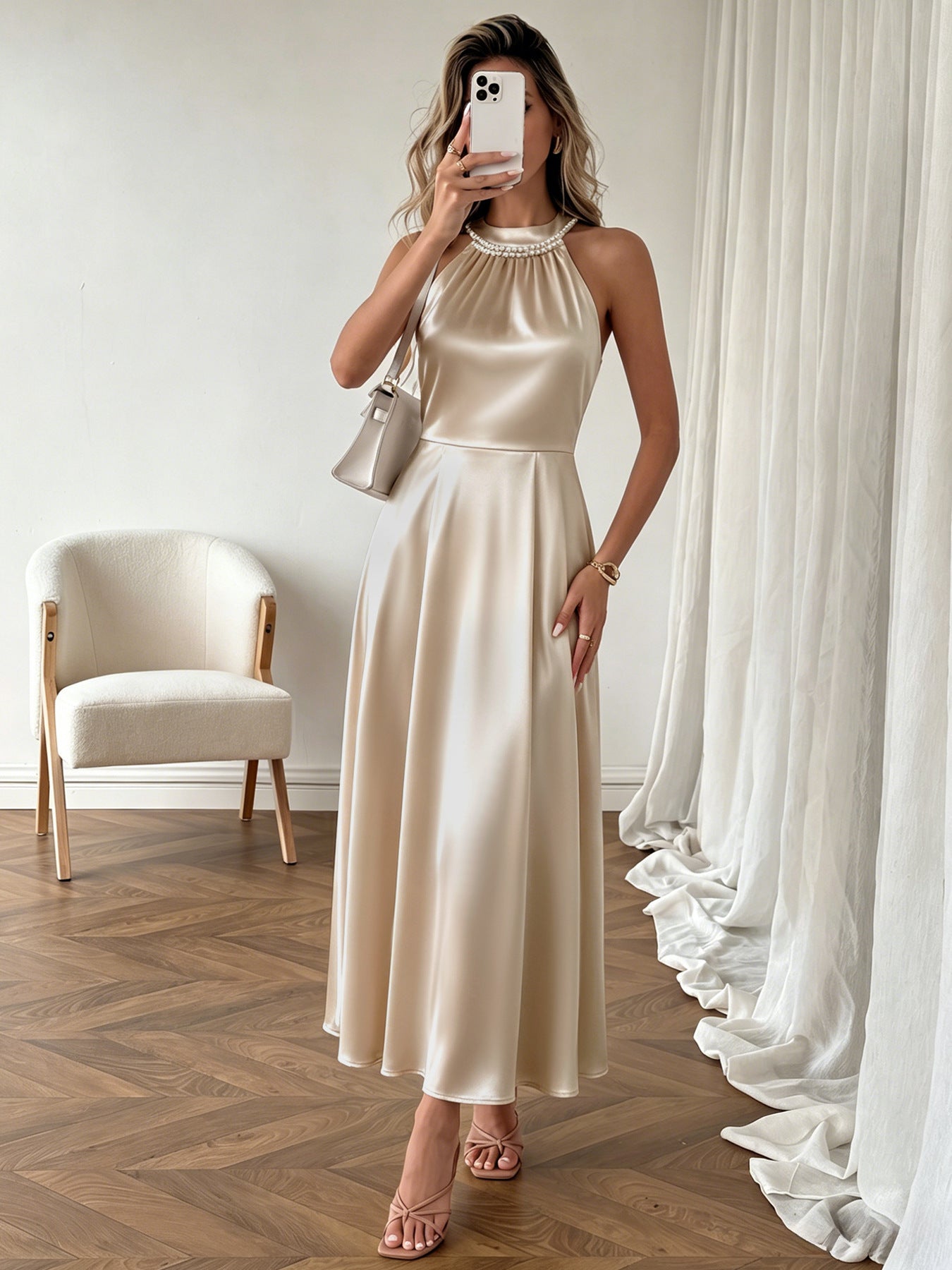 Pearl Halter High Waist Flowy Midi Dress