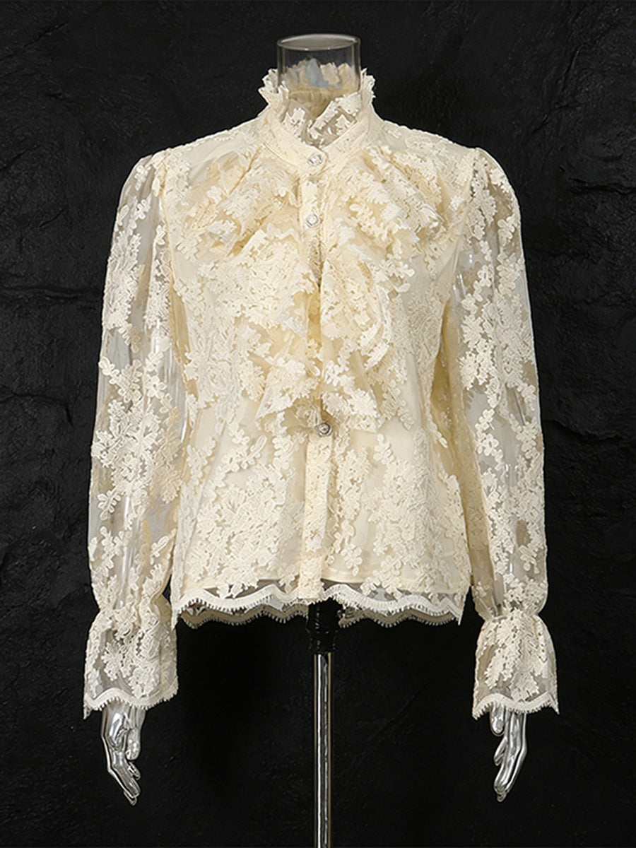 Retro 3D Floral Lace Long-Sleeved Shirt