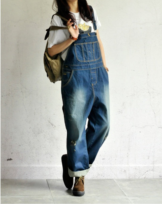 large size worn light color strap jeans women casual loose thin denim wide leg pants tide