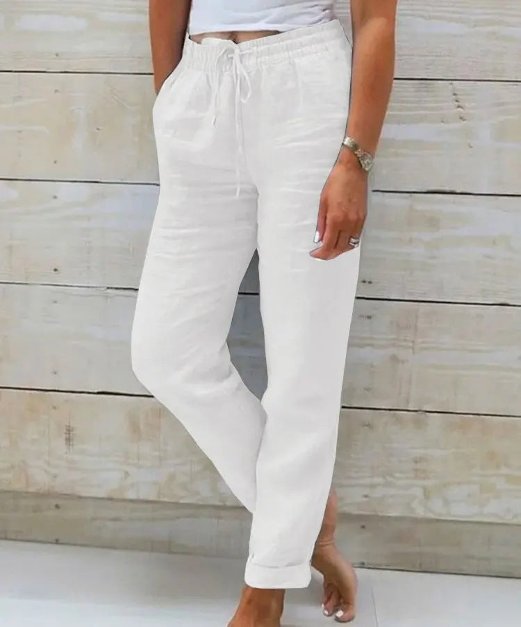 Cotton And Linen Women's High Waist Elastic Waist Solid Color Cotton And Linen Casual Pants