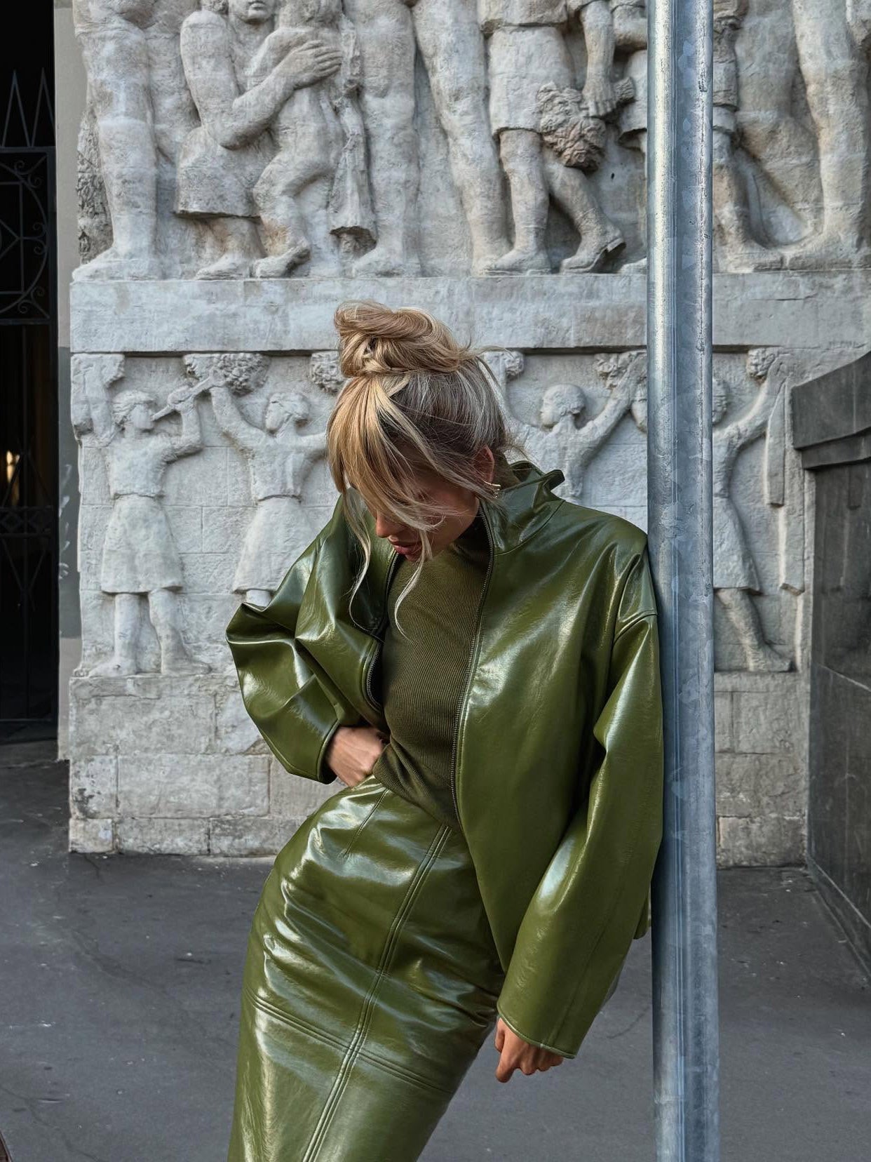Olive Green Faux Leather Jacket And Midi Skirt Set