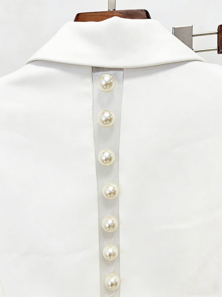 Pearl Embellished Peak Lapel Blazer & High Waist Full Flare Suit Trousers 2-Piece Set