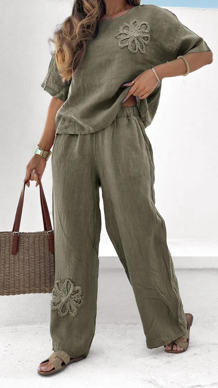 2026 New Autumn Women's 2 Piece Set Large Embroidered Casual Set High Waist Loose Pants