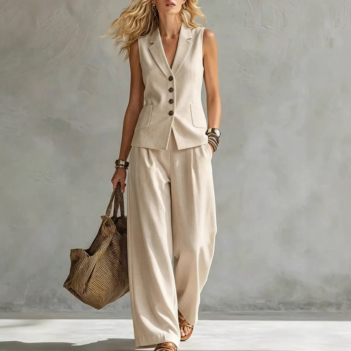 Two-piece V-Neck Sleeveless Vest And Wide Leg Pants For Women Summer Solid-Colored Sleeveless Casual Linen Tank Top And Pants Set