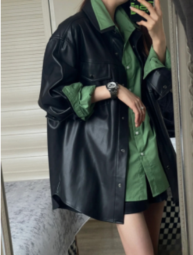 Men's Long Color Block Printed Leather Jacket