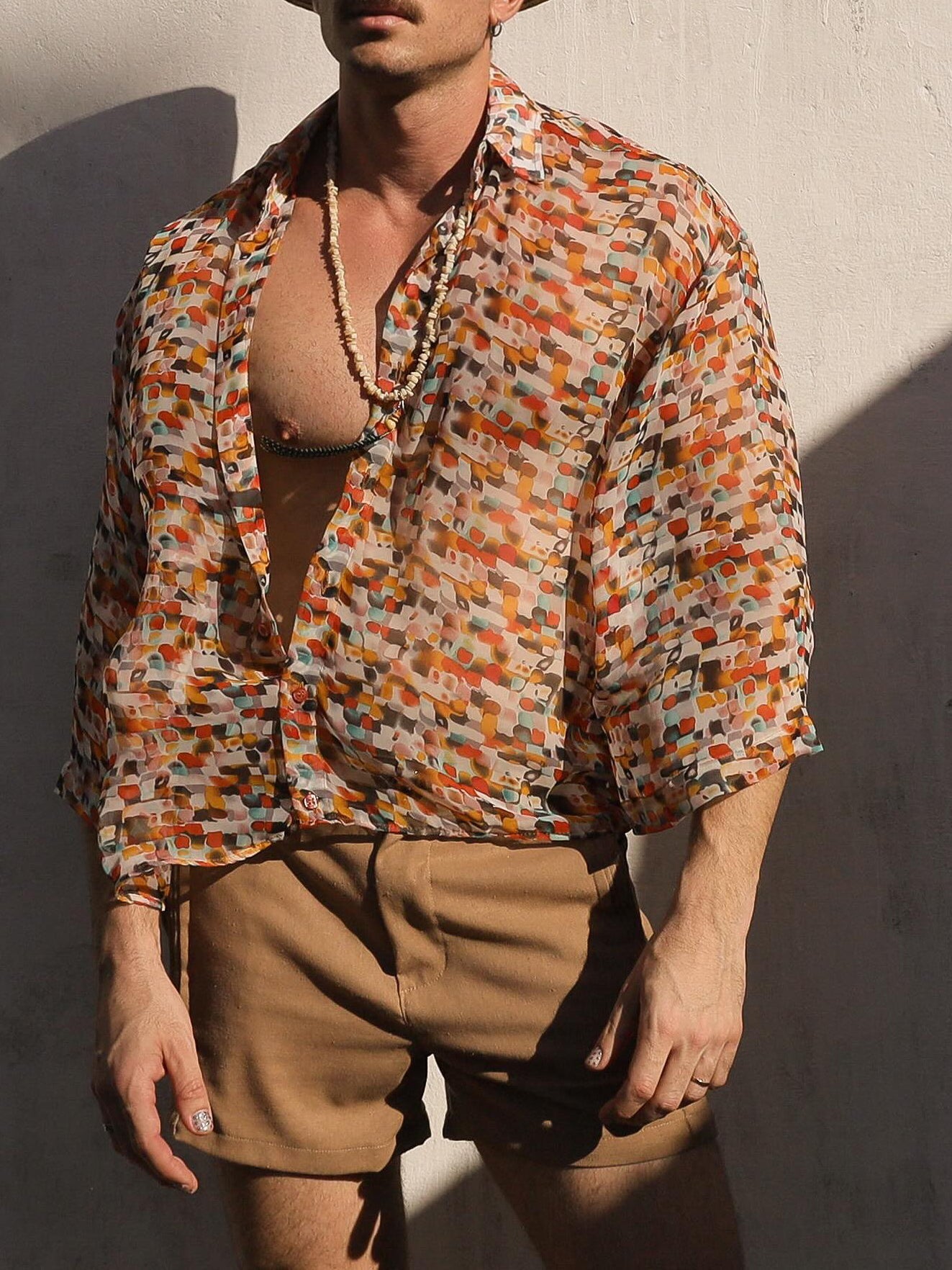 Retro Geometric Print Sheer Oversized Shirt