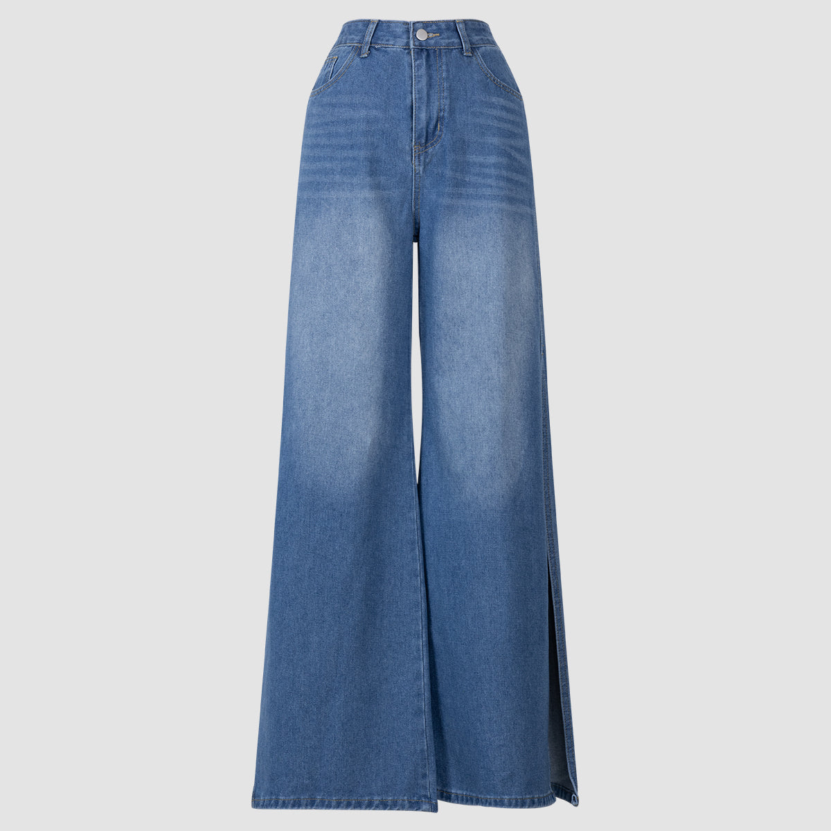 Blue Denim High - Waisted Ultra - Wide - Leg Jeans With Side Slit