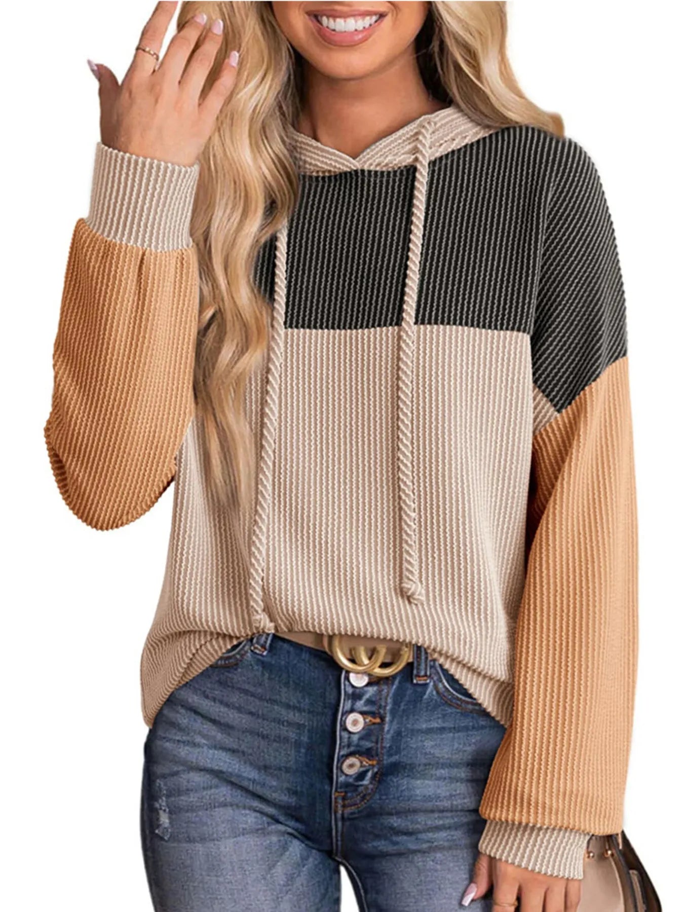 Drawstring Color Block Long Sleeve Hoodie