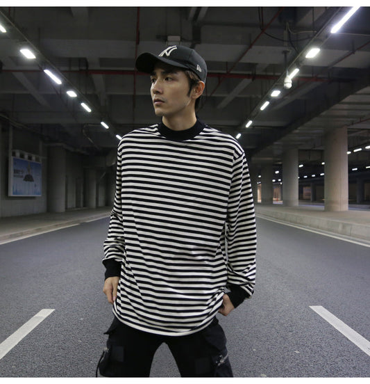 Oversized Striped T-Shirt with Ribbed Collar