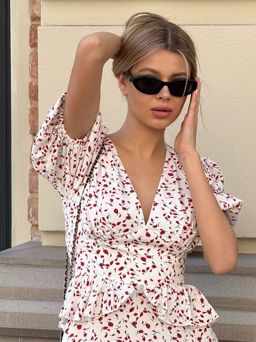 Printed Waist-cinching Puff Sleeve Dress