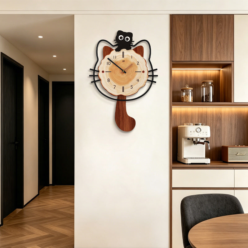 Modern Kitty Wall Clock Cartoon Wooden Hanging Decor For Bedroom
